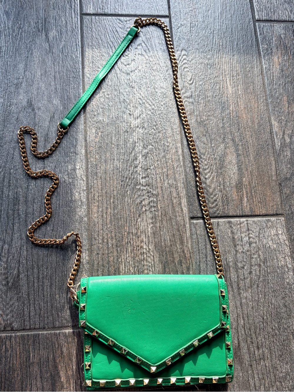 💚 Crossbody Emerald Studded Clutch Gold Chain Leather Bag - Picture 3 of 6